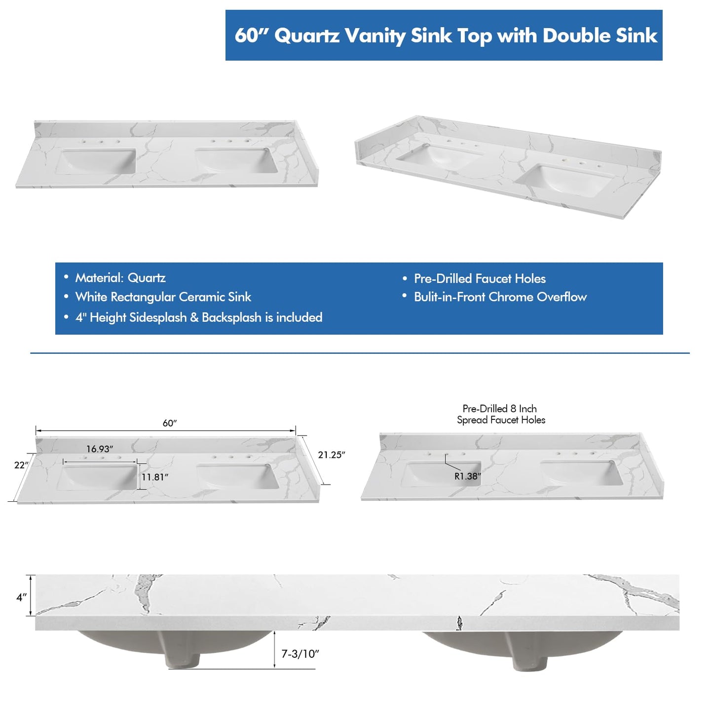EQLOO 60 in.W x 22 in.D Quartz Calacatta River Vanity Top,with Undermount Double Sink Vanity Top,with Two Sidesplash & One Backsplash,8 Inch Faucet Hole Spread Bathroom Vanity Sink Countertop
