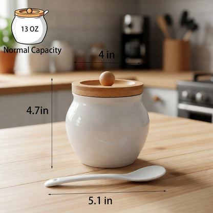 Rougizor 13oz Ceramic Sugar Bowl with Lid and Spoon, Porcelain Sugar Jar with Bamboo Lid, Salt Container Jar for Coffee Bar, Countertop, Kitchen, White Seasoning Container