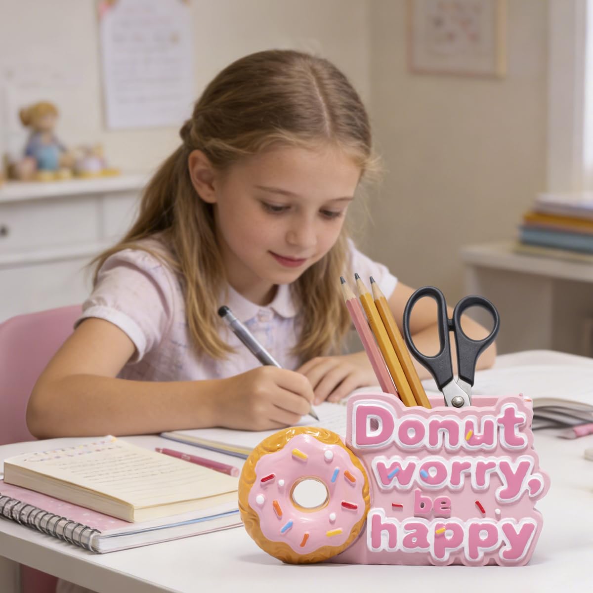 ZAWUU Donut Shaped Organizer - Cute Pink Resin Donut Worry, Be Happy Multi-Use Holder for Pens, Makeup Brushes, Utensils, and More – Perfect Desk or Kitchen Accessory Gift