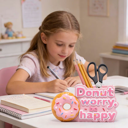 ZAWUU Donut Shaped Organizer - Cute Pink Resin Donut Worry, Be Happy Multi-Use Holder for Pens, Makeup Brushes, Utensils, and More – Perfect Desk or Kitchen Accessory Gift