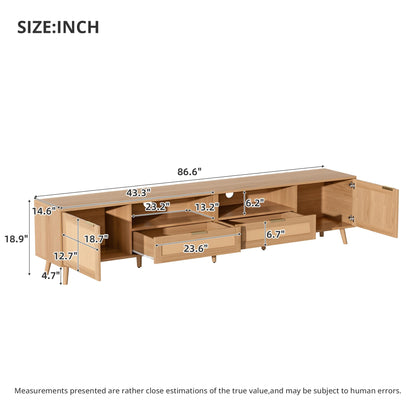 Merax 86'' Rattan TV Stand for TVs up to 90'', Modern Farmhouse Media Console, Entertainment Center with Solid Wood Legs, TV Cabinet for Living Room, Bedroom, Wood Color
