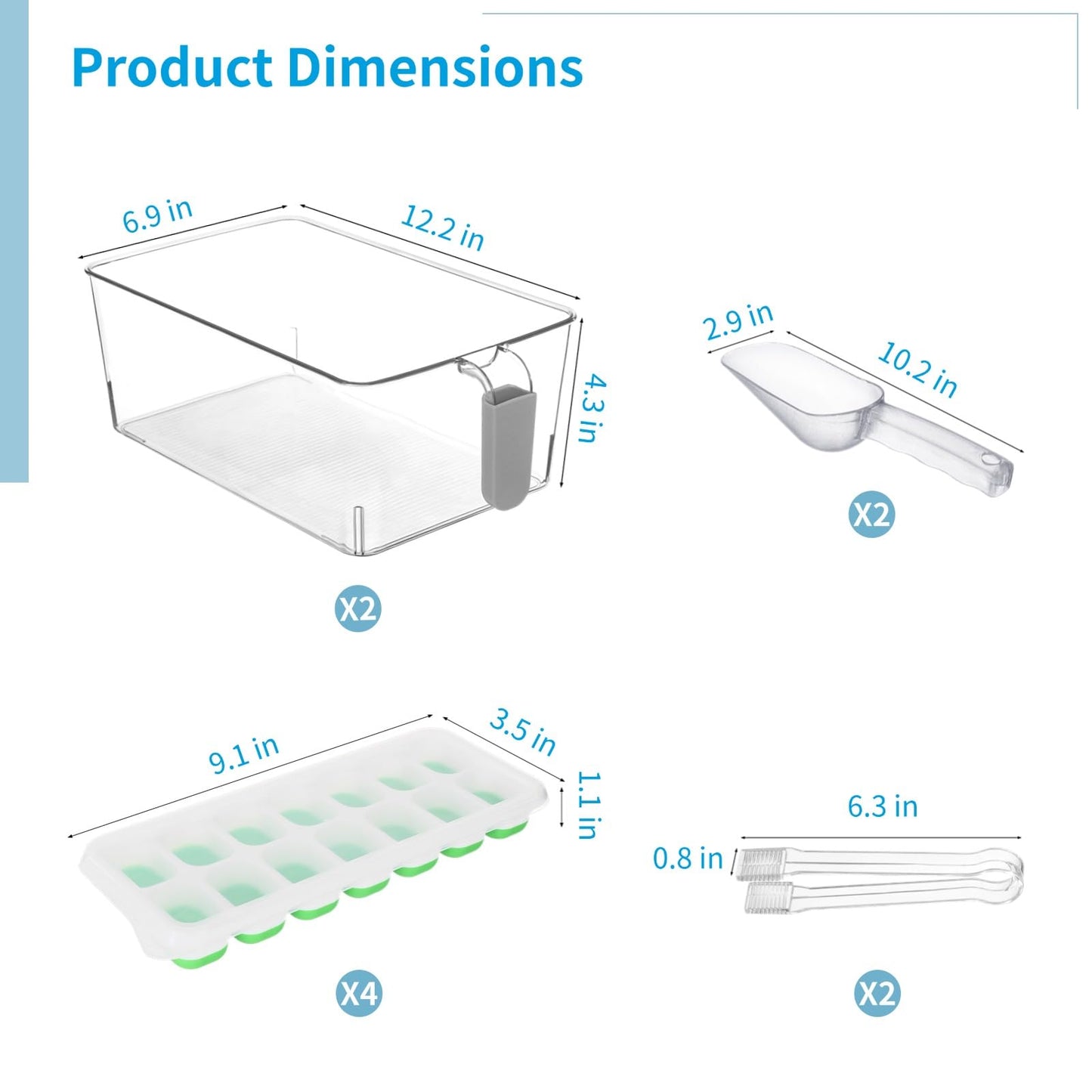 Freezer Ice Bin Set, 2 Pcs Ice Bin with Scoop and Tong, Ice Tray, Clear Ice Bucket with Pull-out Handle for Freezer, Clear Plastic Ice Container for DIY Drink Summer Party, 12.2 x 6.9 x 4.3 in