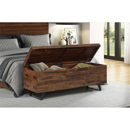 MAKLAINE Broadmore Rectangular Acacia Wood Storage Trunk, 46 in Top, Brown Finish, Black Metal Legs, Hinged Lid, Versatile Coffee Table or Entryway Storage for Living Room or Bedroom