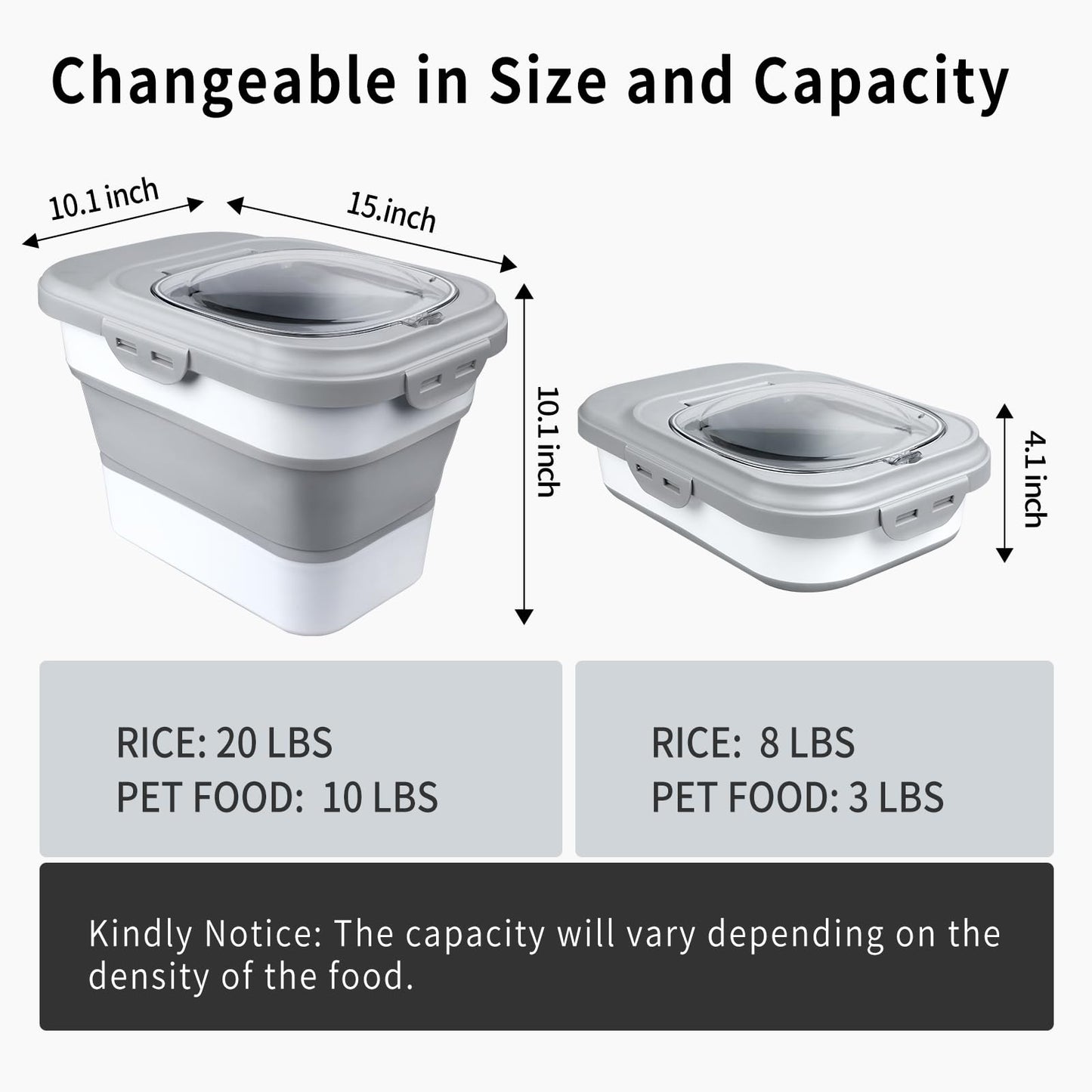 Komzon Rice Storage Container, Collapsible Airtight Food Storage Containers 6-20 Lbs, Rice Dispenser with Measuring Cup and Small Bin for Flour Cereal Pasta Grain, Cat Pet Dog Bird Food Container