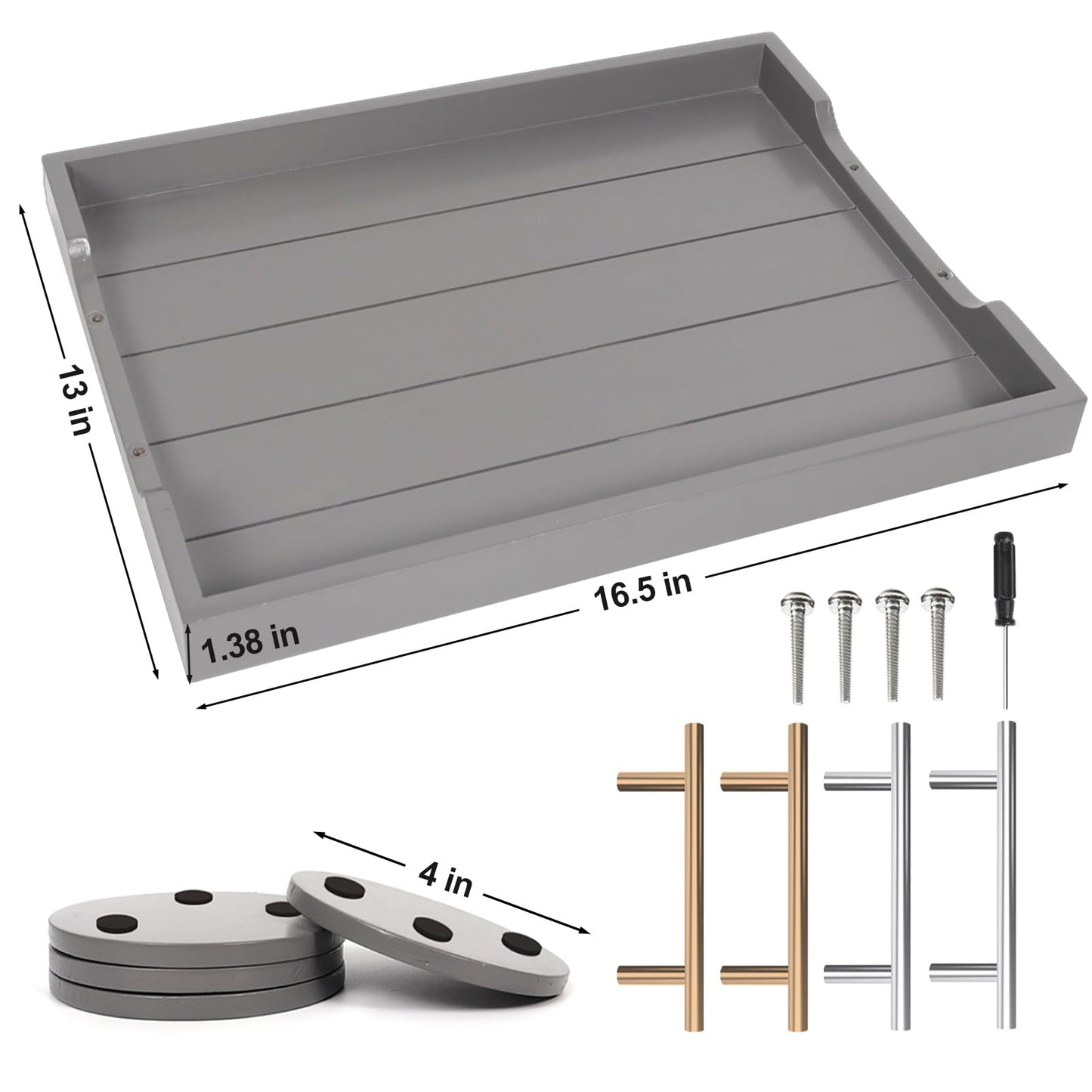 SXNOWS Wooden Serving Tray with 2 Sets of Handles,Large Ottoman Tray for Living Room, Rectangular Wood Tray for Coffee Table, Modern Farmhouse Kitchen Decor, 4 Round Coasters Included,Gray