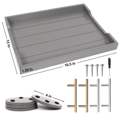 SXNOWS Wooden Serving Tray with 2 Sets of Handles,Large Ottoman Tray for Living Room, Rectangular Wood Tray for Coffee Table, Modern Farmhouse Kitchen Decor, 4 Round Coasters Included,Gray