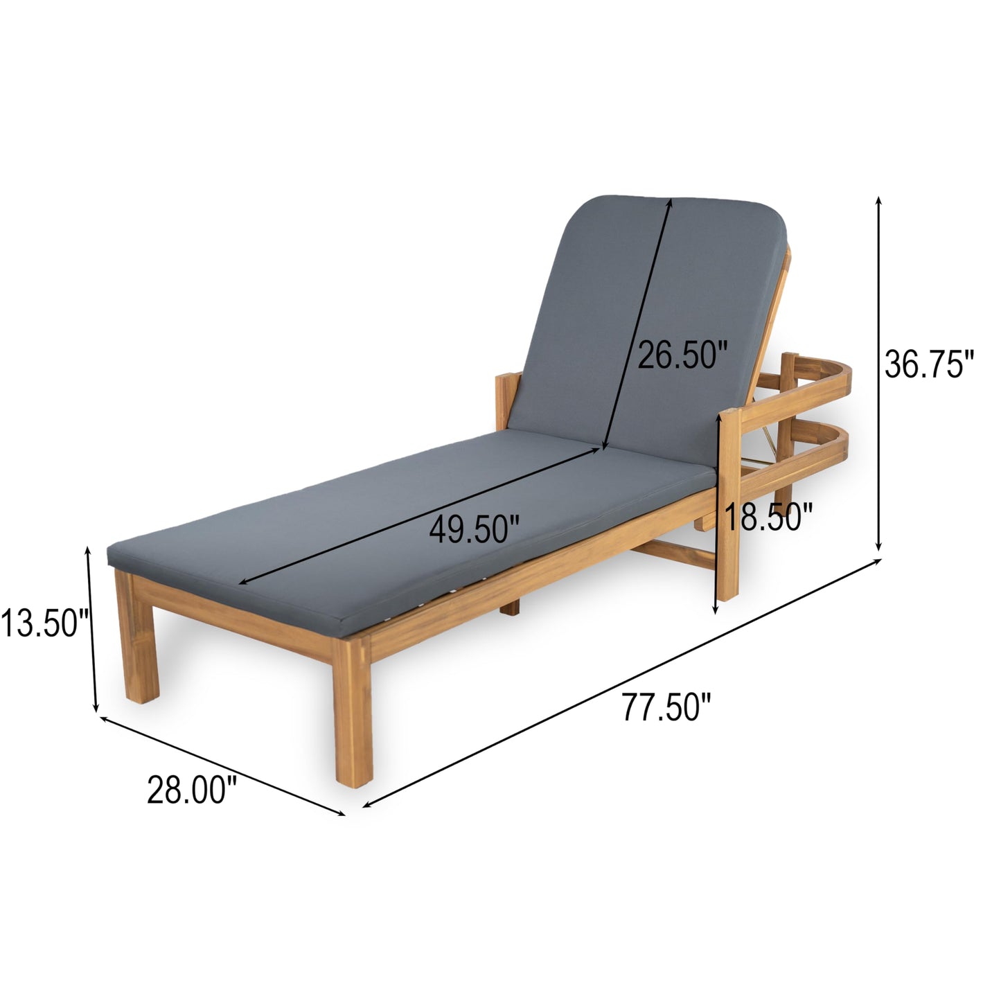 Christopher Knight Home Kayas Acacia Wood Chaise Lounge with Adjustable Backrest, 77.5" Outdoor Sun Lounger with Cushion, Modern Patio Lounger Recliner Chair for Poolside Lawn, Light Teak+Gray, 1PCS
