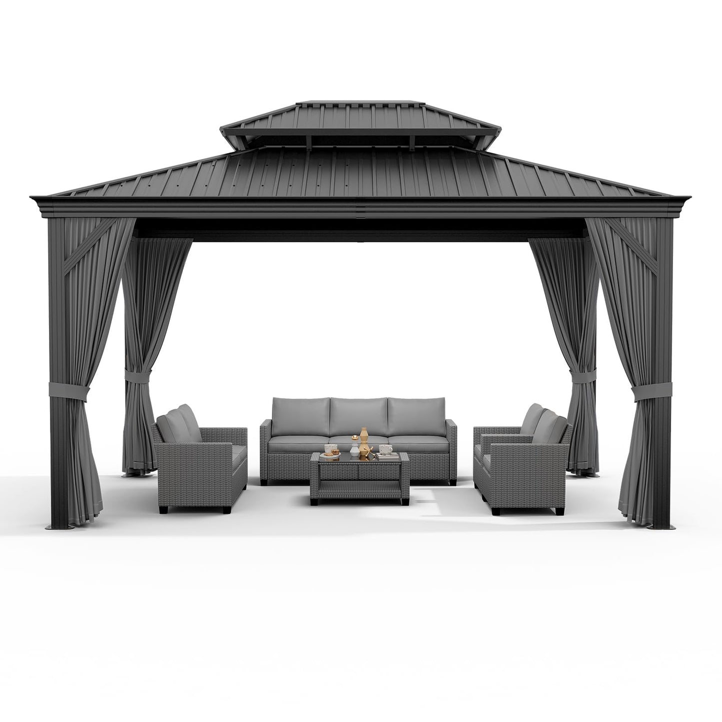 GAOMON Heavy Duty Aluminum Hardtop Gazebo with Double Metal Roof – Mosquito Netting & Privacy Curtains – Permanent Outdoor Pavilion for Patio, Garden, Deck, Backyard – Black Spray, Gray Cloth, 12x18FT