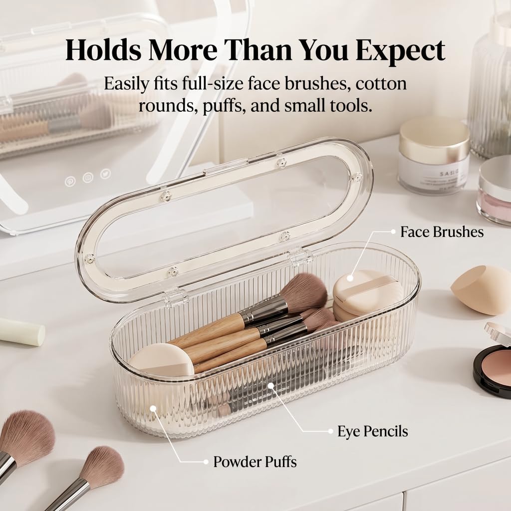 Makeup Brush Holder Organizer Clear Acrylic Makeup Sponges Organizer,Cosmetic Storage Case with Lid Display Case for Vanity (Brush Organizer)