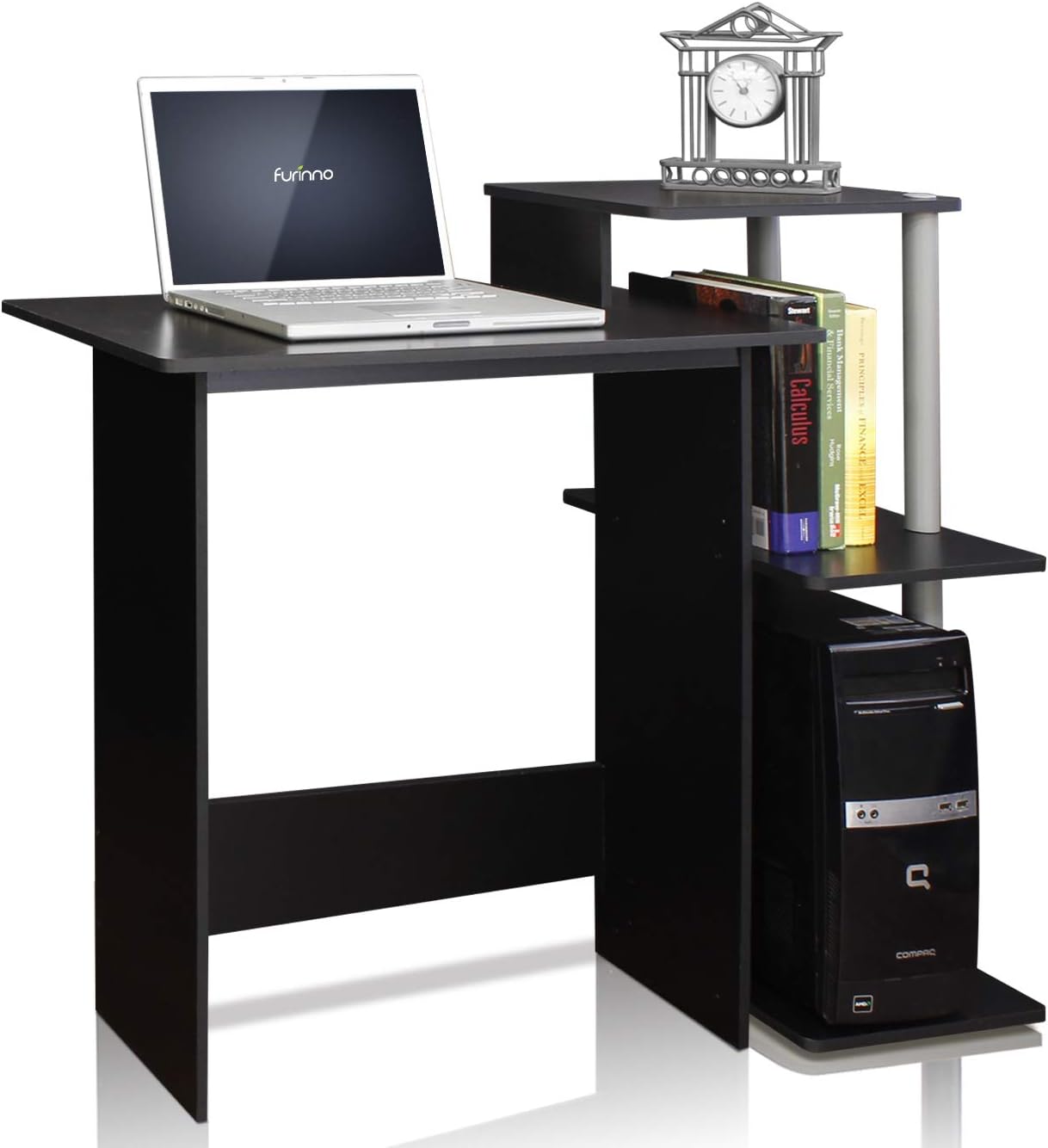 Furinno Efficient Home Laptop Computer Desk with Square Shelves, Solid Black/Grey Design