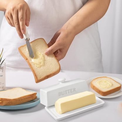 Butter Dish with Lid,WERTIOO Butter Dish With Lid for Countertop,7.6" x 3.3" Butter Tray,Butter Holder for 1 Stick.Textured Tray Butter Keeper for Non Slip Storage,Ceramic - White