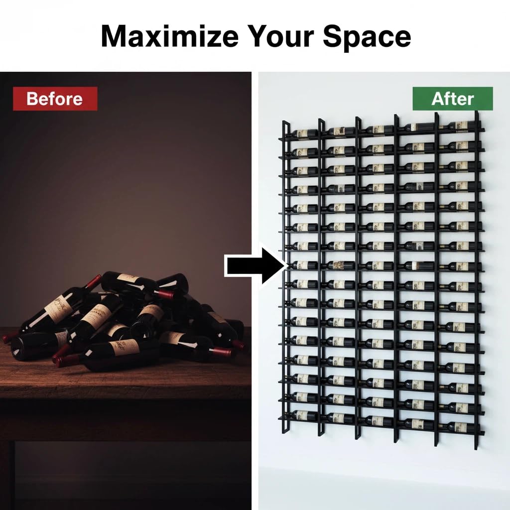 RAJYQODIS Large Wall Mount Wine Rack, 16 Tier 64 Bottle Wine Storage Organizer Display Holder, Metal Liquor Display for Wine Cellars, Home Bars, Kitchens, and Dining Rooms (Black, 64 Bottles)