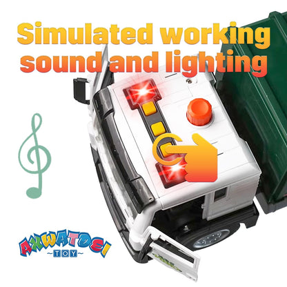 Garbage Truck Toy, Large Friction Powered Trash Truck Toy with Light and Sounds, 4 Trash Bins and Learning Cards for Kids