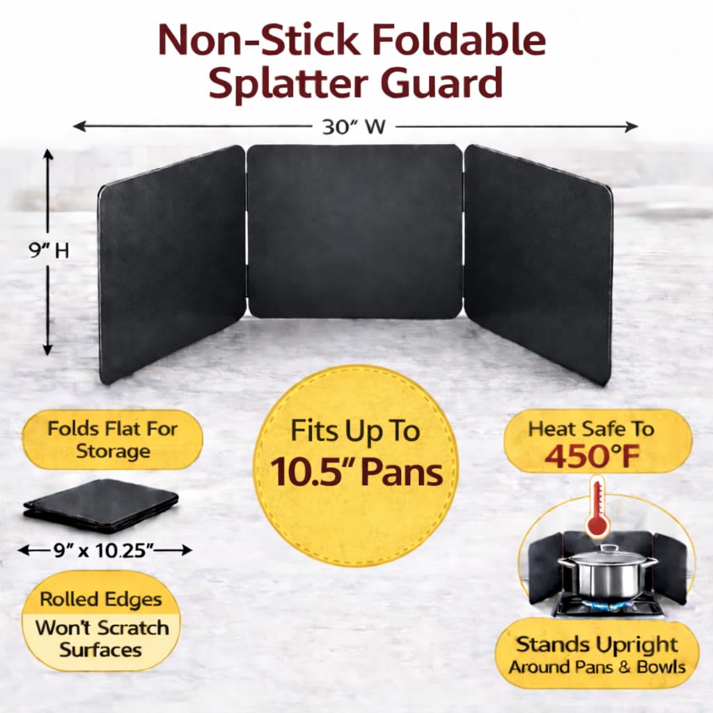 HIC Kitchen 3-Sided Splatter Guard, Non-Stick Carbon Steel, Heat Safe, Folds Flat For Storage, Fits Up To 10.5-Inch Pans And Bowls
