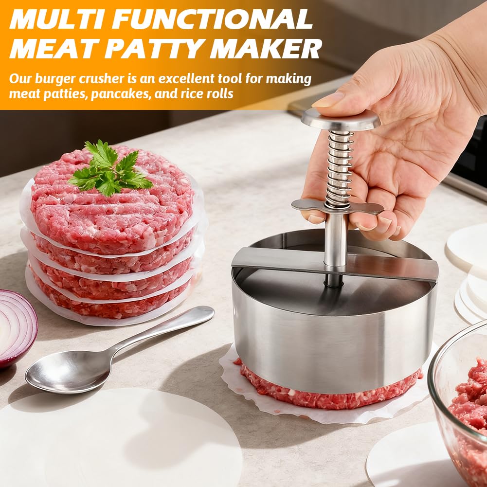 Waylenbo Burger Press 4.5 Inch, 304 Stainless Steel Hamburger Patty Maker with Spring Button & 50 Parchment Papers, Easy Release Non-Stick Mold for Ground Beef, BBQ, Dishwasher Safe