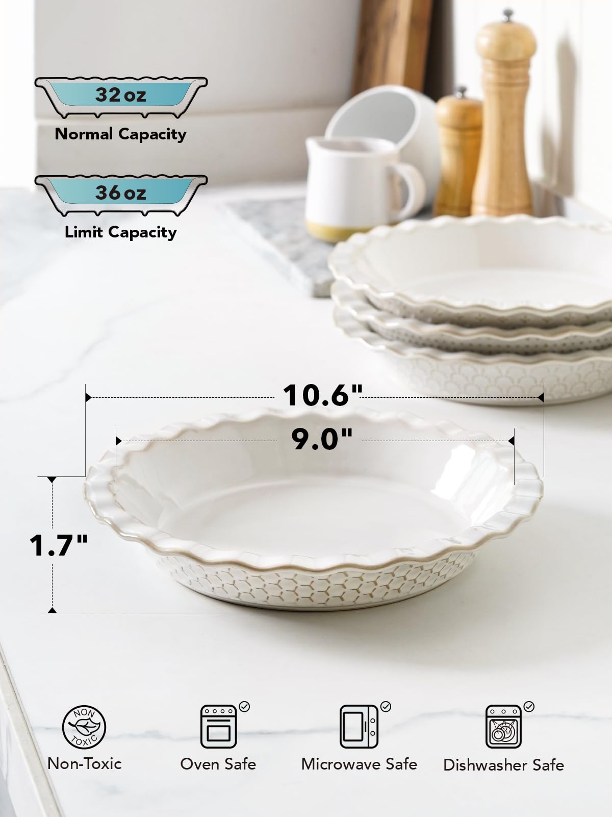 LE TAUCI Pie Pans for Baking 9 Inch, Ceramic Pie Plate for Apple Pie, Round Baking Dish Oven Safe, Embossment Housewarming Wedding Present - 36 OZ, Set of 1, Honey Comb, Arctic White
