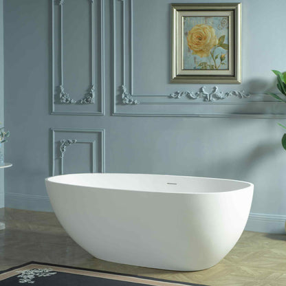 WOODBRIDGE 59" Egg-Shaped Solid Surface Freestanding Soaking Tub, Modern Oval Stone Resin Bathtub with Integrated Slotted Overflow & Drain, Matte White, EST0701