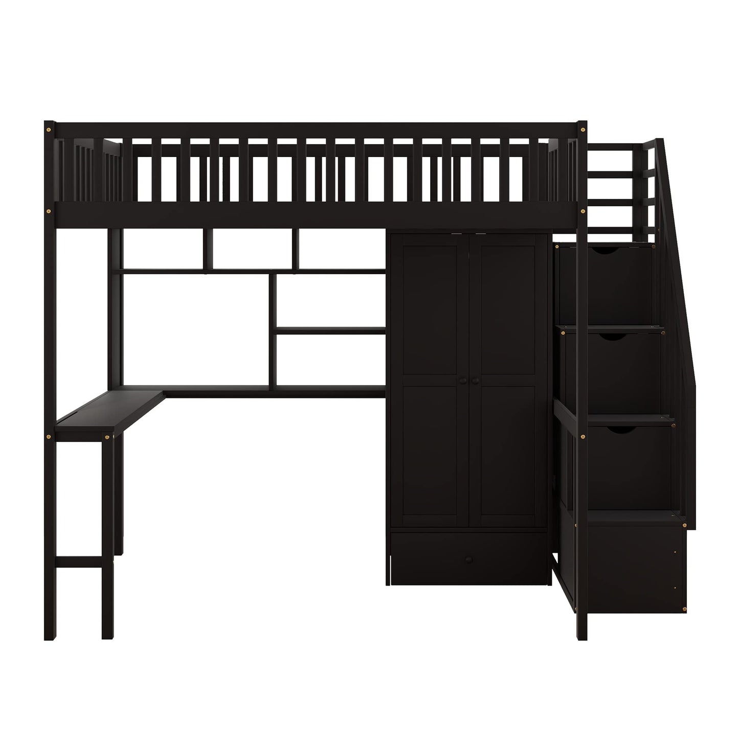 Full Size Loft Beds Stairway Loft Bed Frame with Wardrobe, Desk, Bookcase and Drawers, Espresso