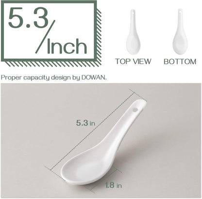 DOWAN Asian Soup Spoons - Set of 12, 5.3 Inch White Ceramic Dessert Spoons for Pho, Miso, Ramen