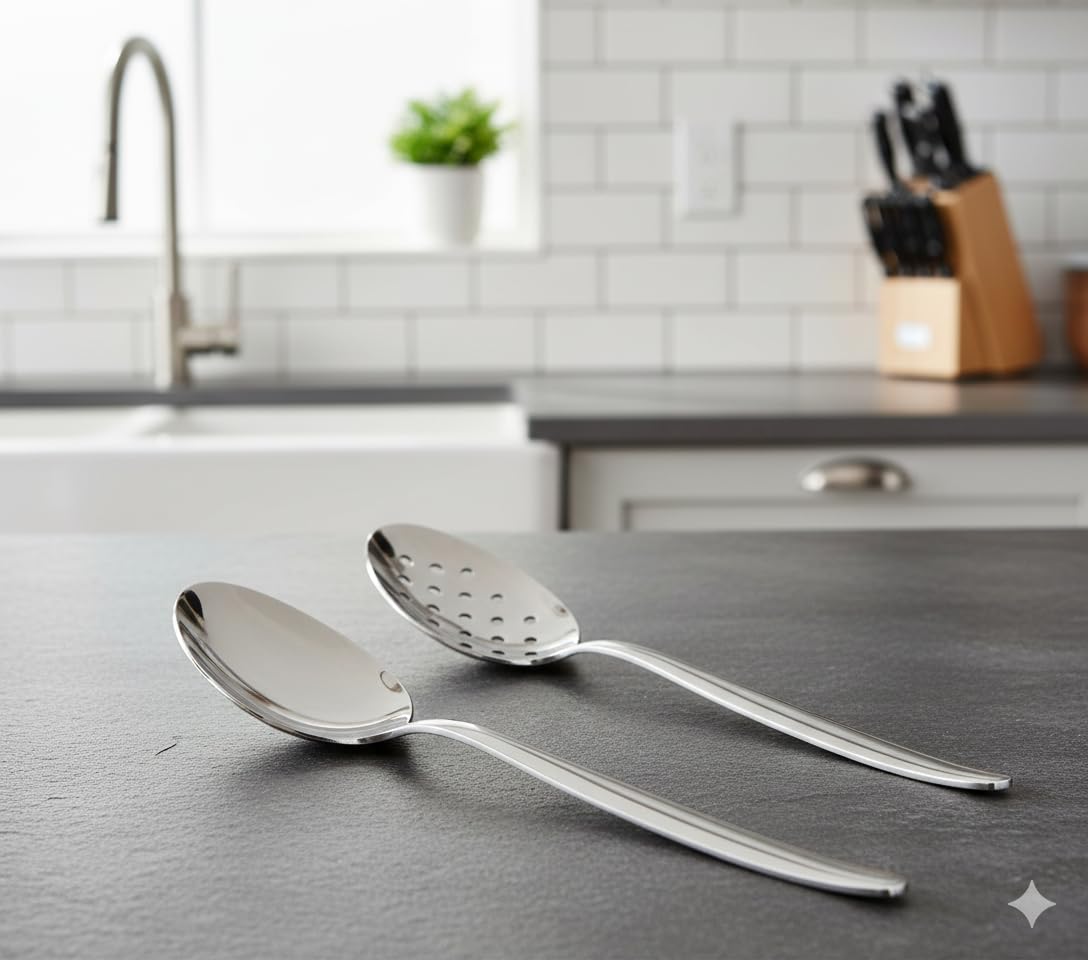 BNAZIND 2 Pack 8 inch Kunz Small Regular and Perforated Sauce Spoon Set | 18/10 Stainless Steel Silver Chef Spoon ideal for drizzling sauces, plating desserts, Dishwasher safe