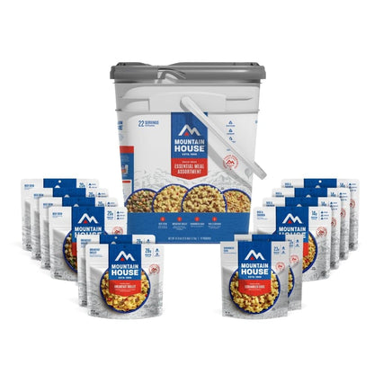 Mountain House Essential Meal Assortment Bucket | Freeze Dried Backpacking & Camping Food | 22 Servings | Gluten-Free