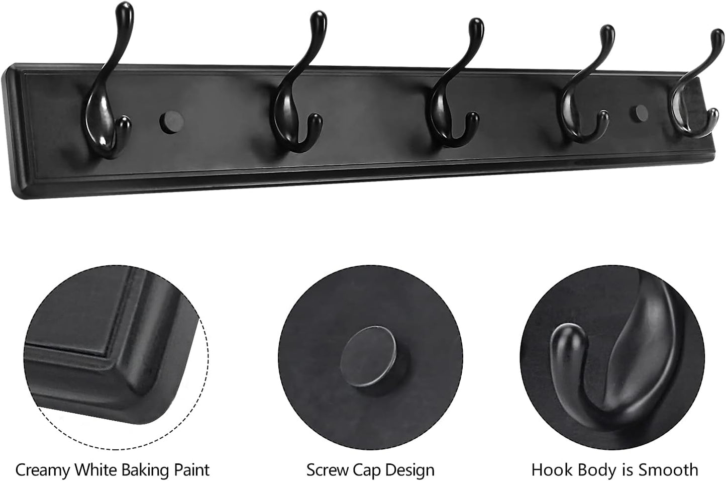 Wooden Coat Rack, Wall-Mounted Organizer for Closet, Entryway, Heavy Duty Double Hooks for Hanging Towels, Black