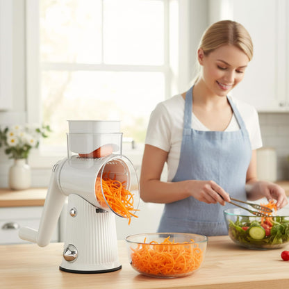 Rotary Cheese Grater with Handle - Vegetable Shredder with 5 Blades & Strong Suction Base, Round Slicer & Food Chopper for Kitchen (White)