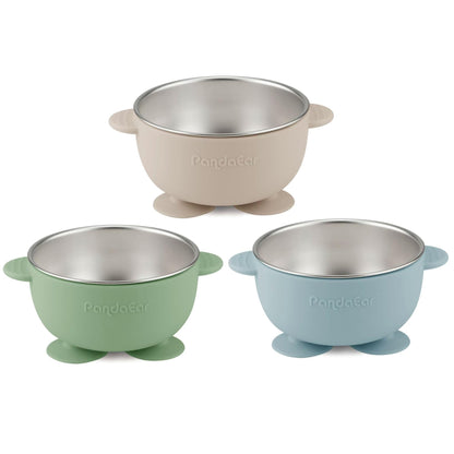 PandaEar 3 Pack Stainless Steel Baby Suction Bowls, Non-Slip Child Food Bowl with Silicone Sleeve for Kids Toddlers Infants, Unbreakable & Mess Free (Blue Green Beige)