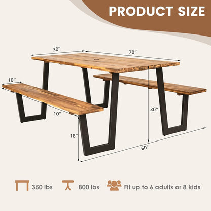 LDAILY Acacia Wood Picnic Table with Umbrella Hole, 70’’ x 30’’ Outdoor Picnic Tables with Benches for 6-8 Persons, 1600 LBS Max Load, Metal Frame & 2" Umbrella Hole, Party, Garden, Yard, Patio, Lawn