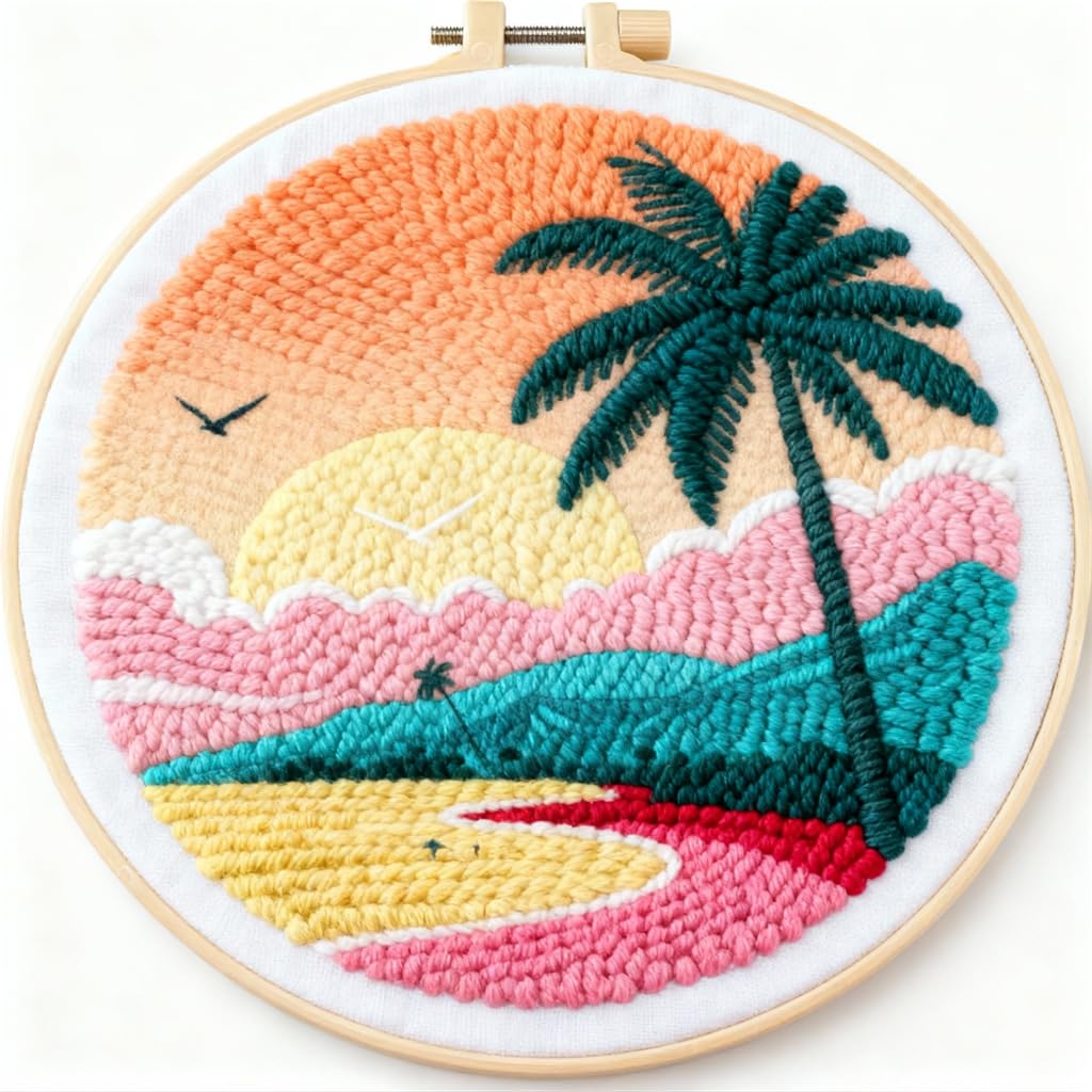 DIY Punch Needle Kits Seaside Beach and Palm Tree Easy for Beginners Starter Set with Hoop Needlepoint Embroidery Craft Hobby and Home Decor 20x20cm