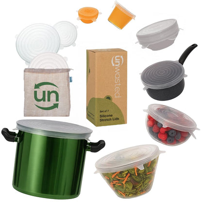 unwasted Reusable Silicone Lids (Variety Pack) – Upgrade Your Kitchen Gadgets with Our Covers for Food Storage – Reusable Silicone Stretch Lids and Food Covers for Containers (Pack of 7)