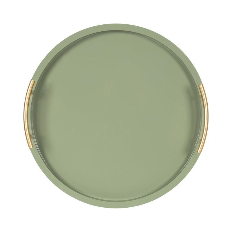 Kate and Laurel Halsey Decorative Wooden Round Tray with Polished Metal Handles, 16 Inch Diameter, Sage Green and Gold, Modern Glam Circle Serving Tray for Use as Ottoman Topper or Coffee Table Accent