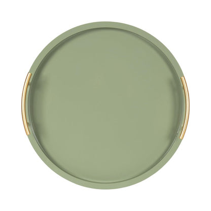 Kate and Laurel Halsey Decorative Wooden Round Tray with Polished Metal Handles, 16 Inch Diameter, Sage Green and Gold, Modern Glam Circle Serving Tray for Use as Ottoman Topper or Coffee Table Accent