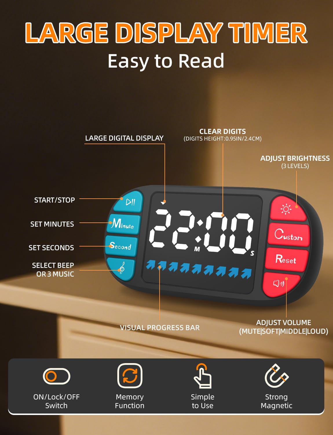 DOOMAY Digital Kitchen Visual Timer: 3.6'' Large LED Display, Magnetic, 3 Brightness, 4 Alarms and Volume, Memory Function, Countdown Count up for Cooking, Classroom, Home Gym, AAA Battery Included