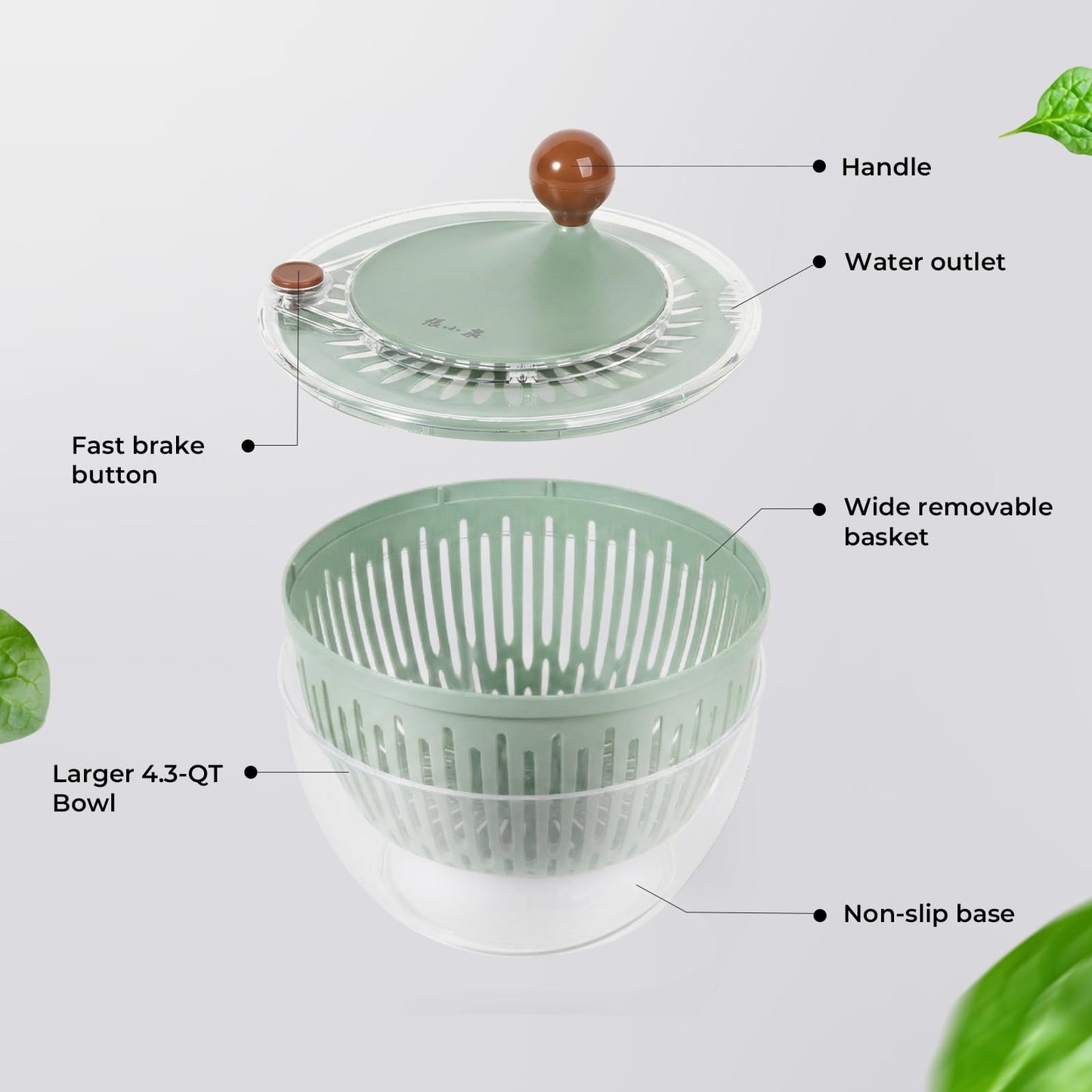 Salad Spinner Large Lettuce Spinner 4.3 Qt with Non-Slip Base & Stop Button Vegetable Dryer & Fruit Washing Bowl for Efficient Salad Prep