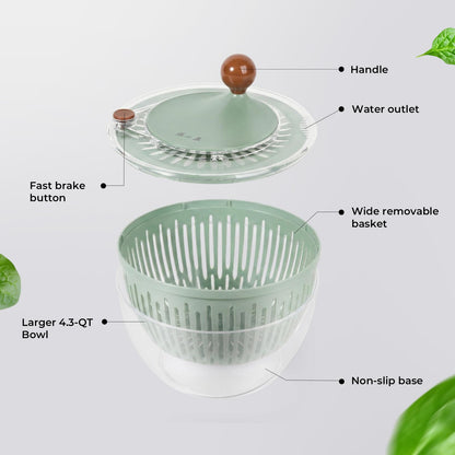 Salad Spinner Large Lettuce Spinner 4.3 Qt with Non-Slip Base & Stop Button Vegetable Dryer & Fruit Washing Bowl for Efficient Salad Prep