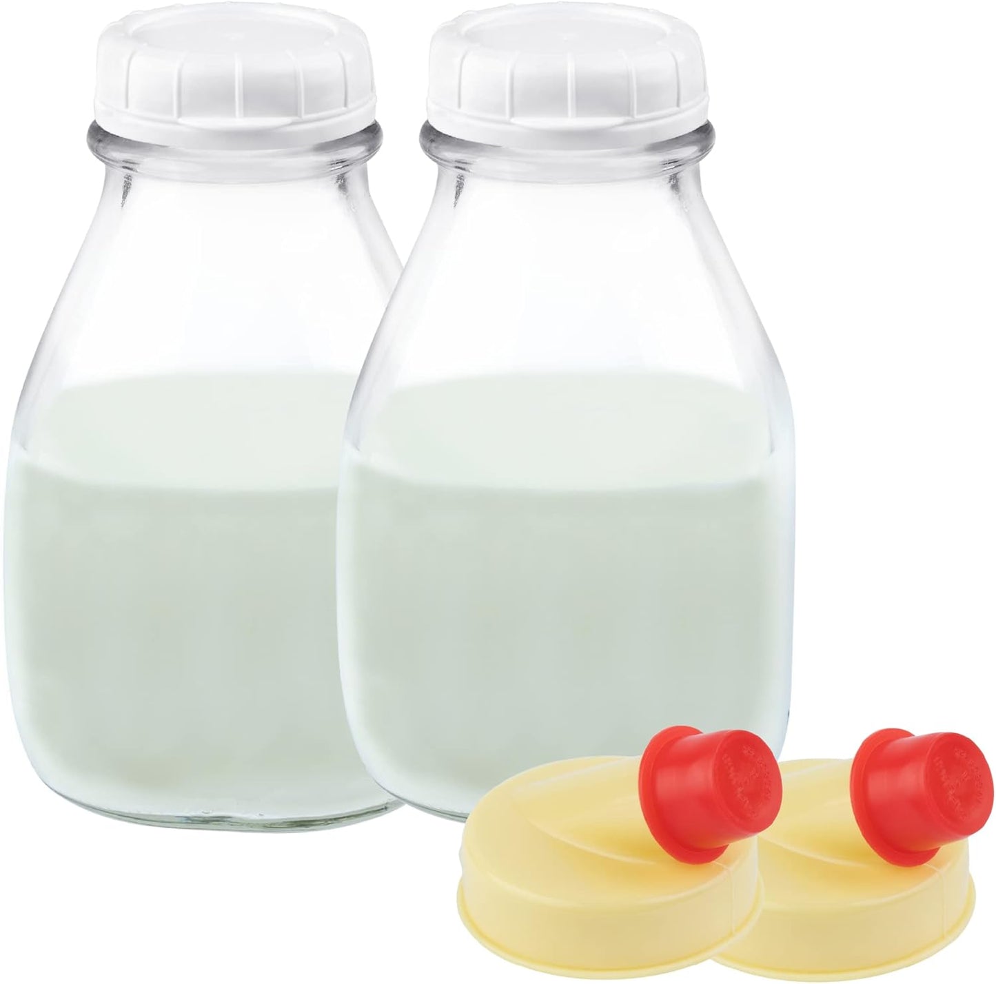 16 Oz 16 Pack 2 kitchentoolz Glass Milk Bottle with Lid - Ounce Short and Wide Glass Milk Container for Refrigerator
