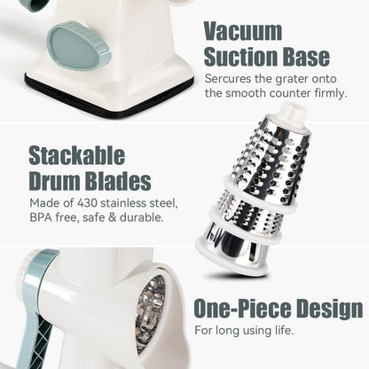 KEOUKE Rotary Cheese Grater with Handle, Vegetable Cheese Shredder Slicer for Kitchen, 3 Changeable Blades