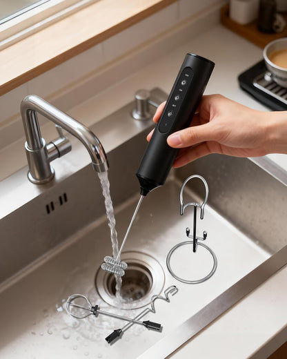 CIRCLE JOY Rechargeable Handheld Milk Frother Wand with Stand, 3 Variable Speeds, 3 Whisks and Storage Box, Electric Drink Mixer for Latte, Cappuccino, Hot Chocolate, Eggs and Protein Powder, Black
