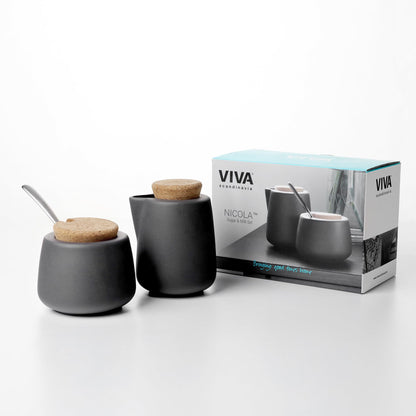 VIVA Nicola Charcoal Sugar and Creamer Set, Porcelain Cream and Sugar Set with Cork Lid & Spoon, 7oz / 200ml Coffee Serving Set for Coffee Bar, Tea Station & Countertop Ideal for Mothers Day Gift