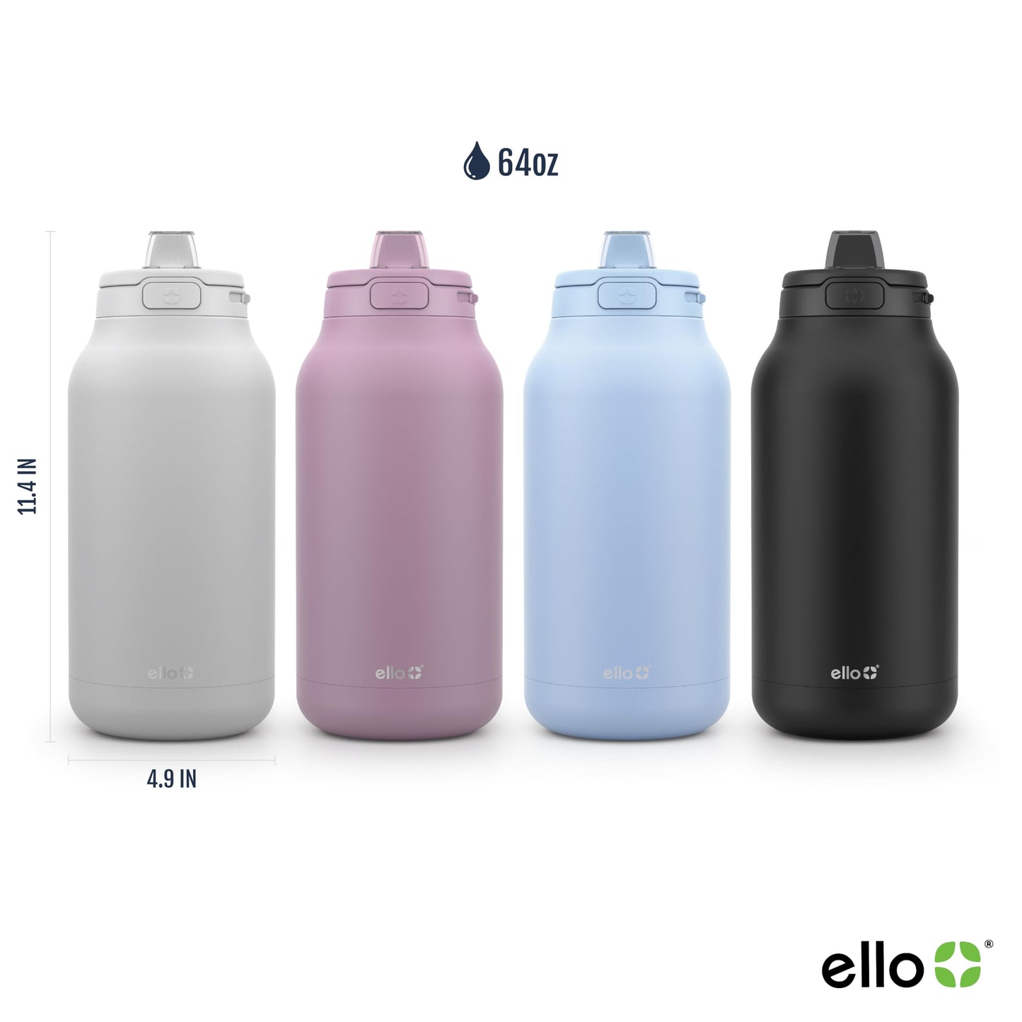 Ello Hydra 64oz Stainless Steel Water Jug with Locking Leak Proof Lid | Reusable Half Gallon Vacuum Insulated Metal Bottle with Silicone Straw, Keeps Drinks Cold All Day, Gift Ready, Grey