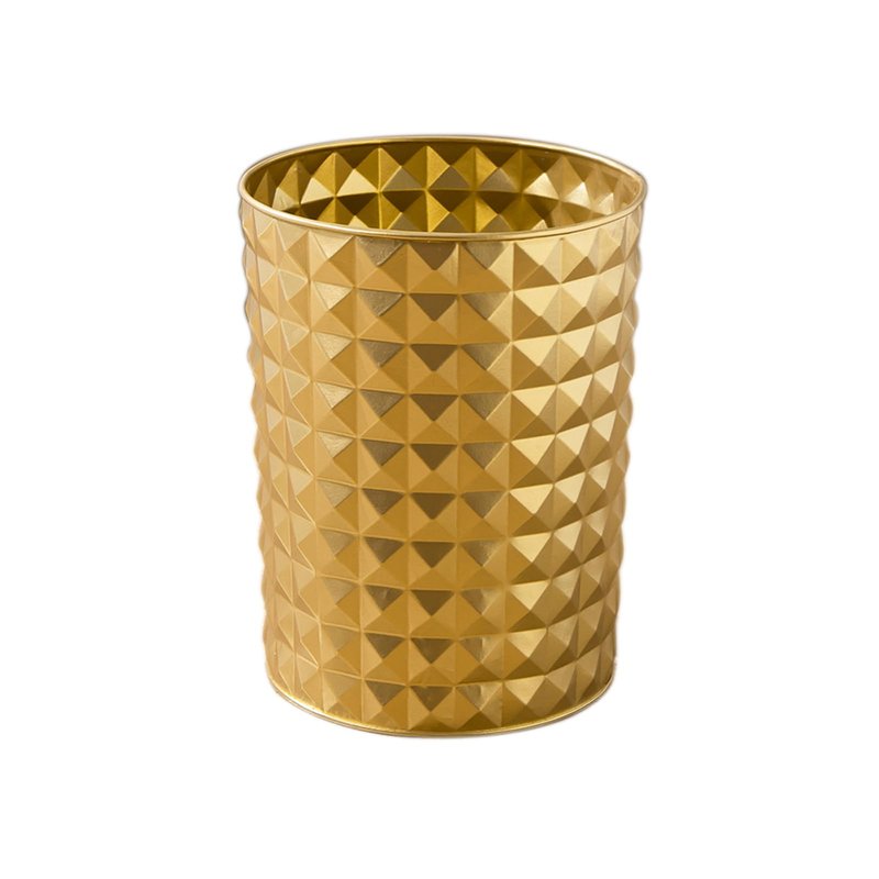 Venalys Small Round Metal Trash Can Wastebasket, Decorative Diamond Pattern Garbage Can Waste Paper Bin, Modern Farmhouse Round Trash Bin for Bathroom, Bedroom, Kitchen and Office (Gold)