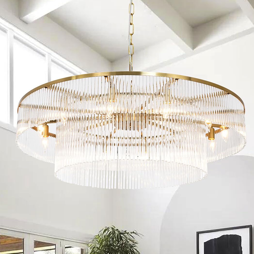Akeelighting Modern Glass Chandelier Lighting Brass Chandeliers for High Ceiling Entryway Foyer Large Glass Hanging Light Fixture Grand Living Room Hall 39"