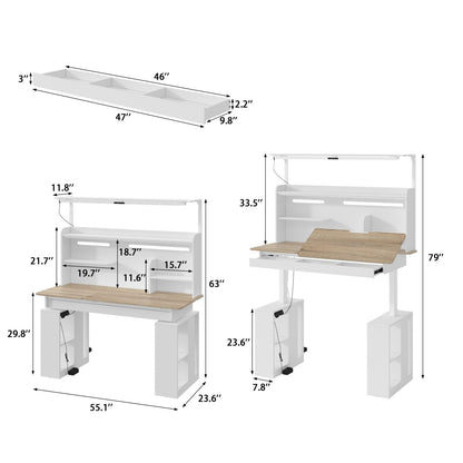 MOUMON 55" Electric Standing Drafting Table with Lights and Tiltable Desktop, Height Adjustable Drawing Table with Memory Presets, Drawer and Side Shelves, White and Oak 55.1" W x 23.6" D x 63"-79" H
