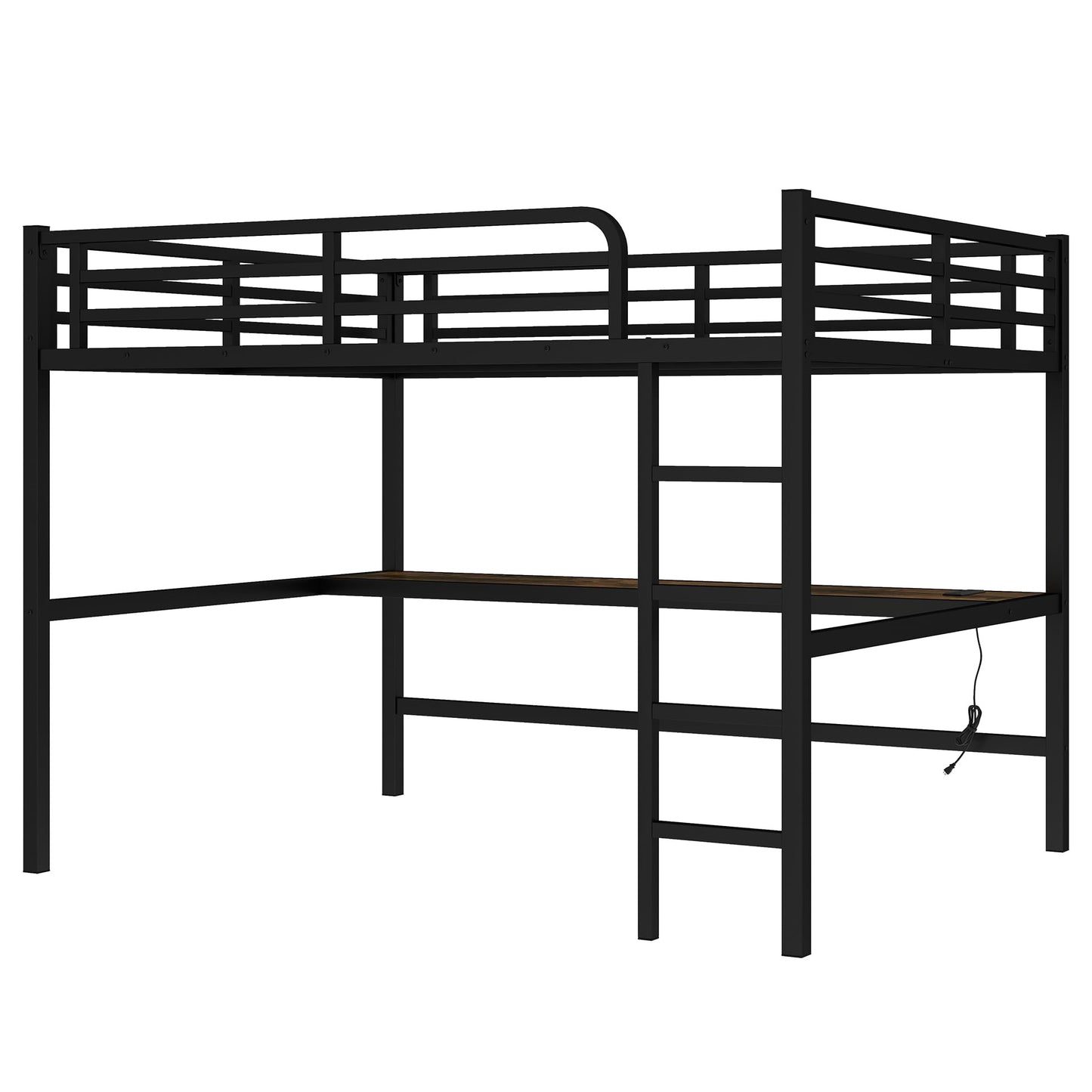 KEIKI Metal Queen Size Loft Bed with Power Outlet and LED Lighted, Space-Saving, Noise Reduced, Black