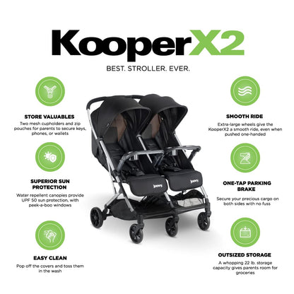 Joovy Kooper X2 Double Stroller, Lightweight Travel Stroller, Compact Fold with Tray, Black