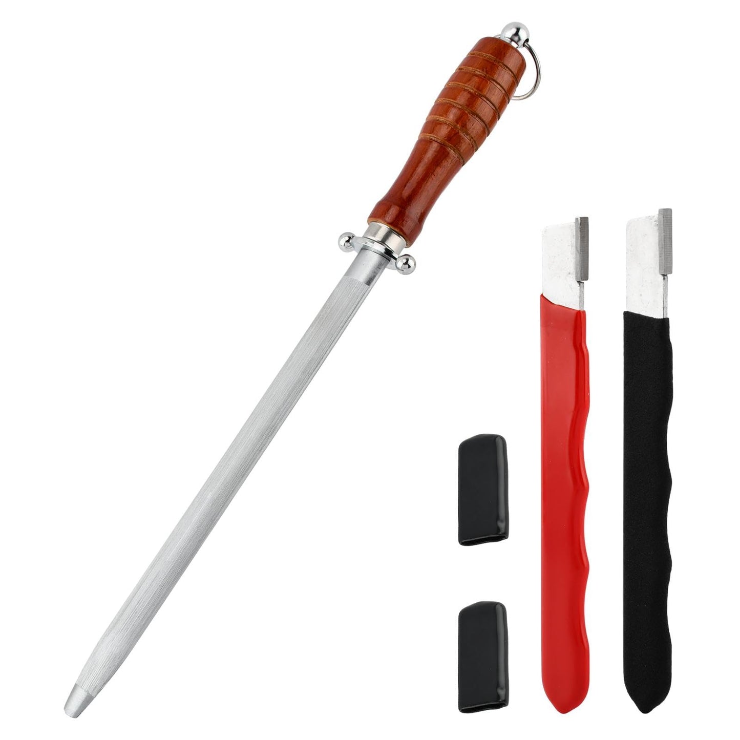 Knife Sharpener Rod 10-inch Carbon Steel Honing Rod with Non-Slip Wooden Handle and 2pcs Sharpening Tools, Ergonomic Knife Sharpening Steel for All Chef Knives
