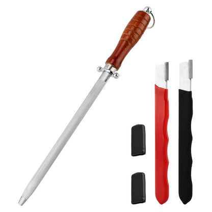 Knife Sharpener Rod 10-inch Carbon Steel Honing Rod with Non-Slip Wooden Handle and 2pcs Sharpening Tools, Ergonomic Knife Sharpening Steel for All Chef Knives