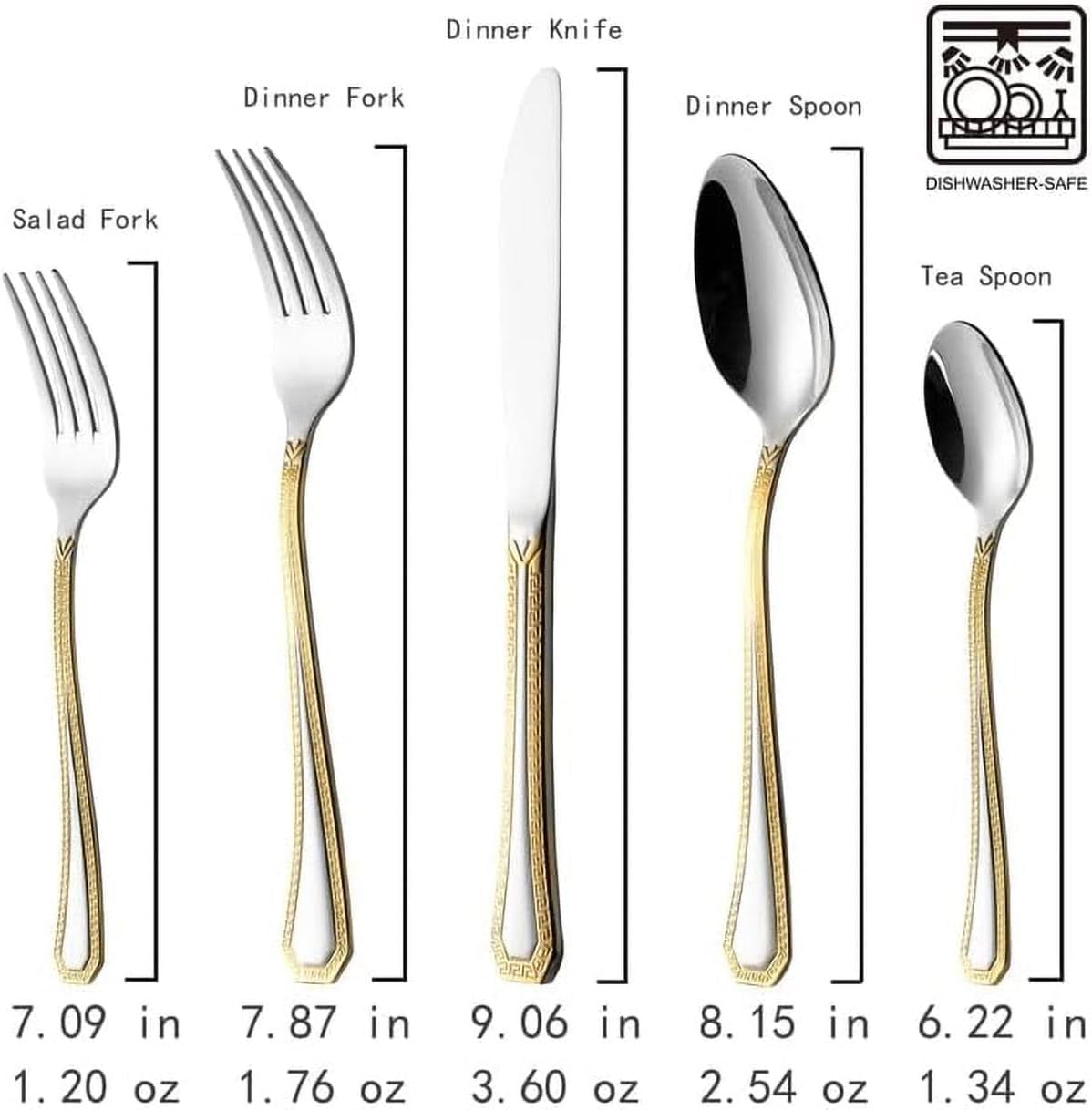 HOMEHUT 120-Pieces Vintage Gold Dinnerware and 18/10 Premium Stainless Steel Silverware Flatware Set - Greek Key Gold HQ Fine China Tableware Service for 12 People