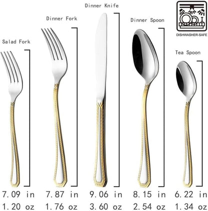 HOMEHUT 120-Pieces Vintage Gold Dinnerware and 18/10 Premium Stainless Steel Silverware Flatware Set - Greek Key Gold HQ Fine China Tableware Service for 12 People